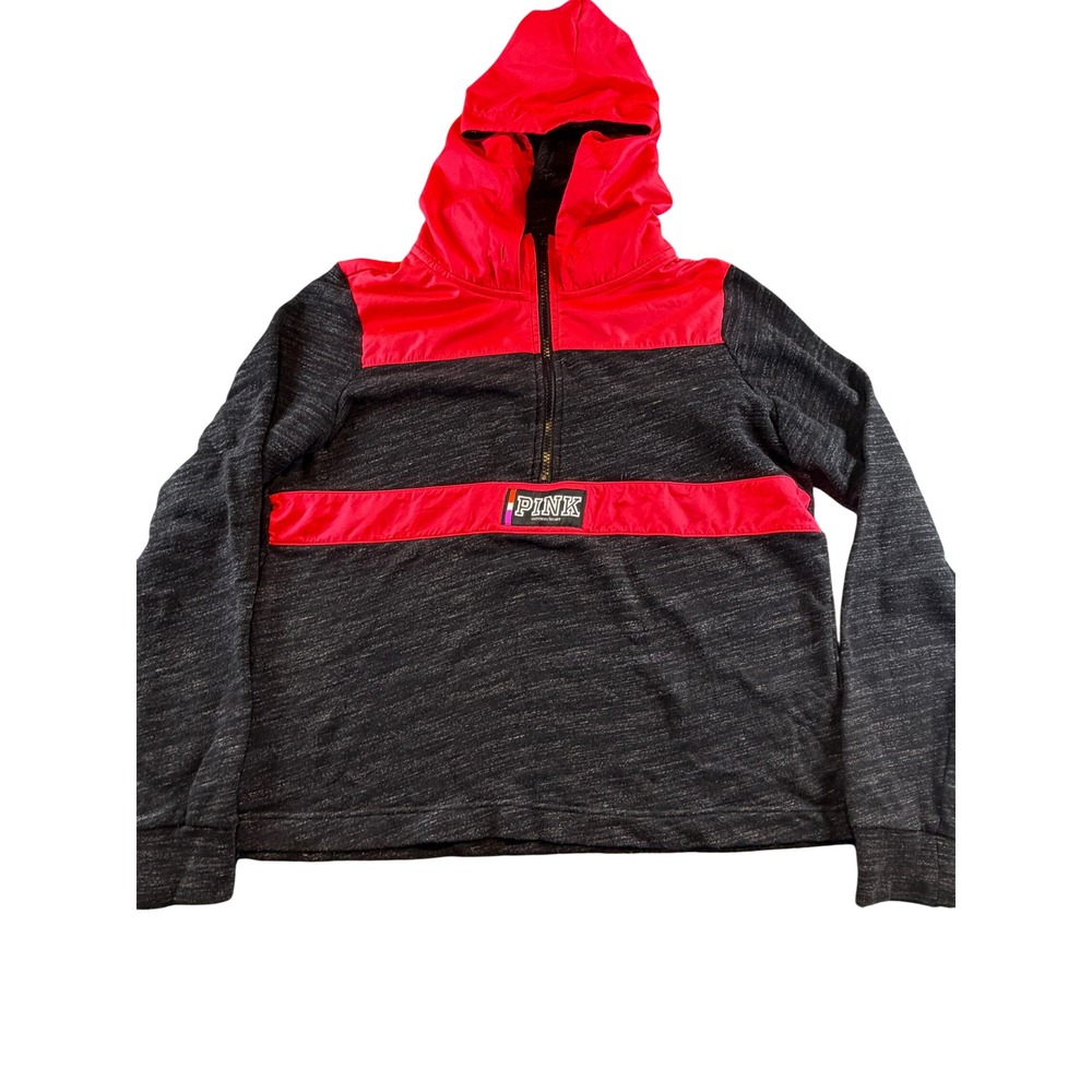 Victoria's Secret PINK Half Zip Hoodie Red Gray Colorblock Pullover Medium